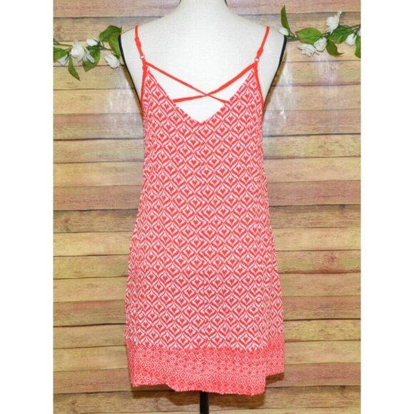 Entro Red & White Summer Mini Dress Size L Geo Pattern Rayon Adjustable Spaghett - Picture 7 of 11